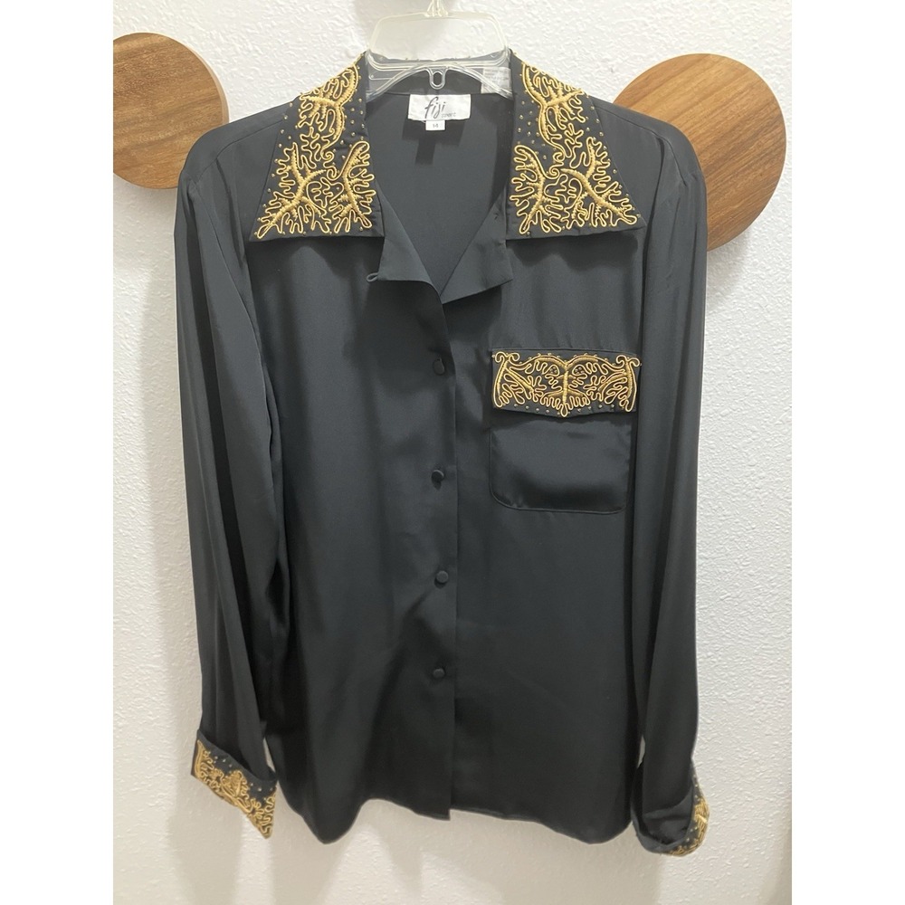 Fiji‎ Sport Women's Size 14 Button Up Shirt Black Gold Embroidered Trim Office